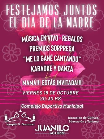 Municipalidad de Joaquín V González invita a todas las madres este viernes 18.